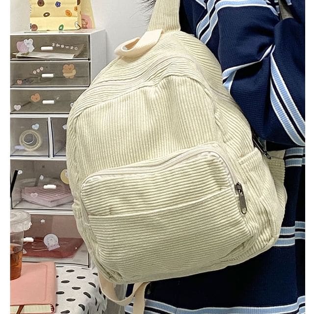 Corduroy Zipper Pocketed Light Backpack - White / One Size