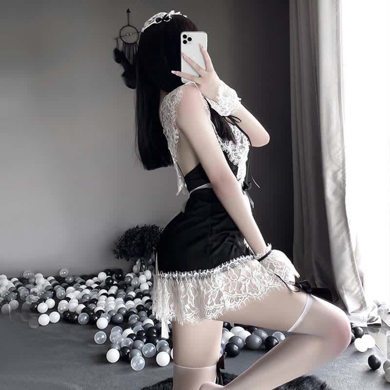 Cosplay Black Bow Maid Deep Lace Lingerie Dress - Black