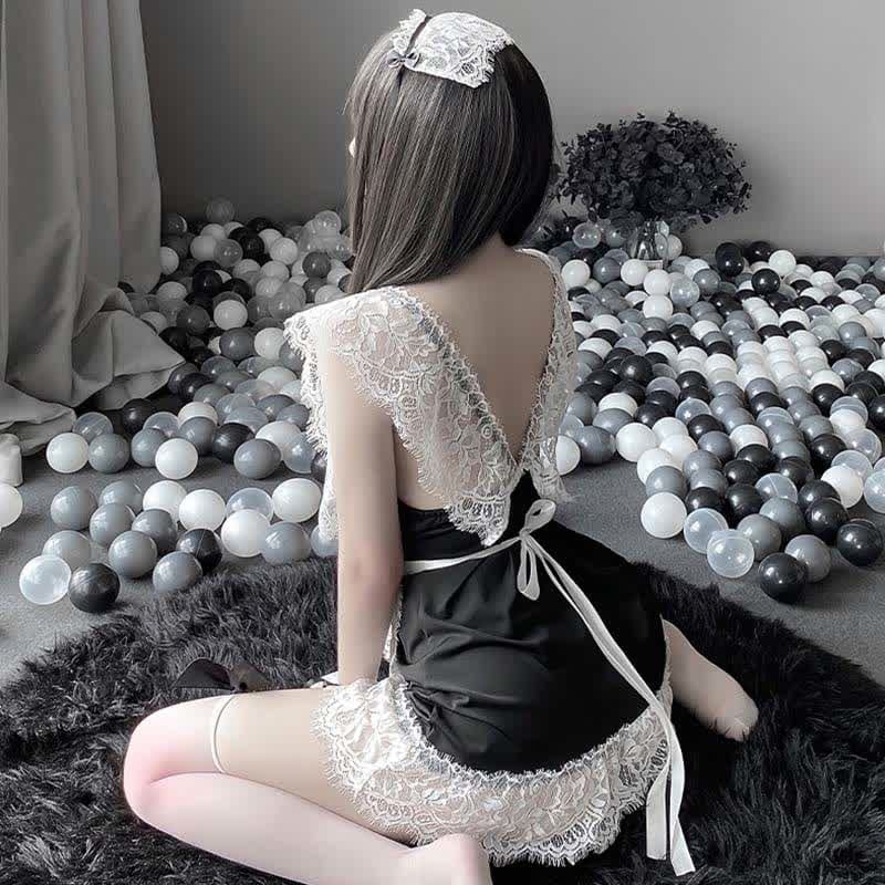 Cosplay Black Bow Maid Deep Lace Lingerie Dress - Black