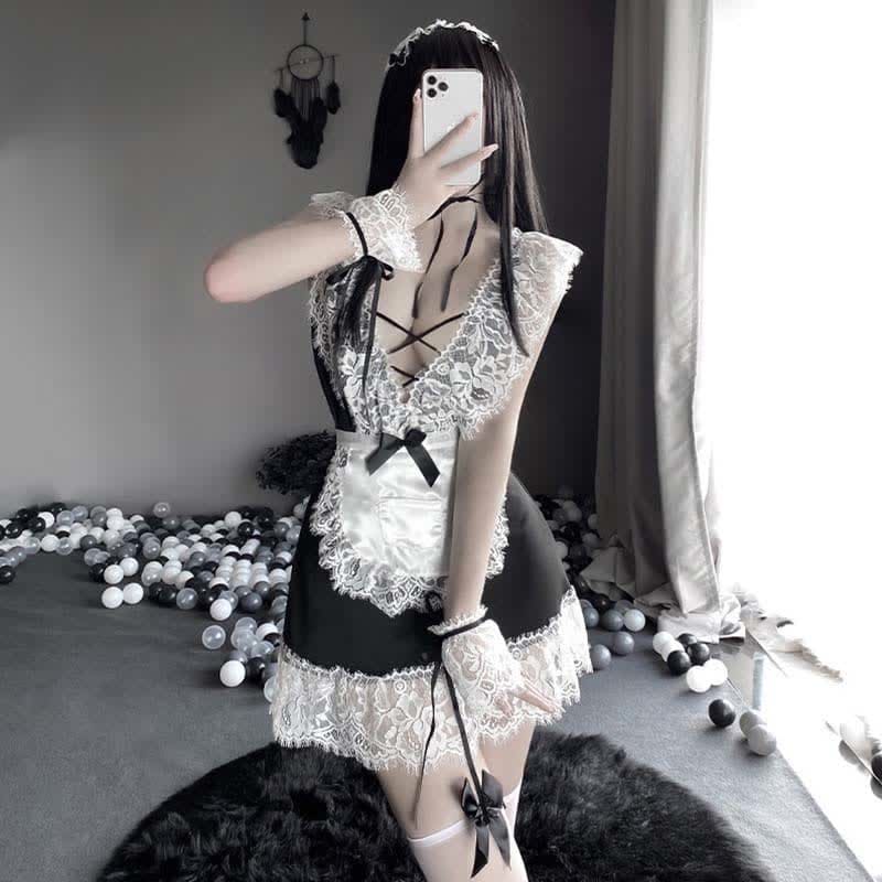 Cosplay Black Bow Maid Deep Lace Lingerie Dress - Black