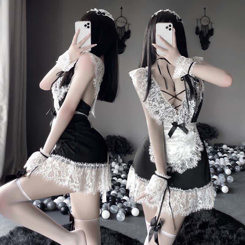 Cosplay Black Bow Maid Deep Lace Lingerie Dress - Black