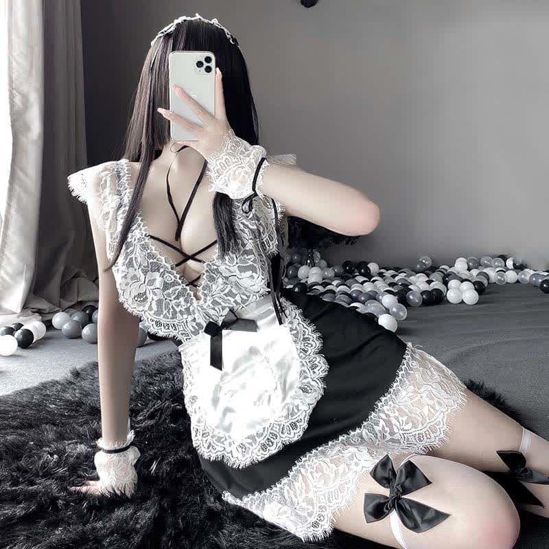 Cosplay Black Bow Maid Deep Lace Lingerie Dress - Black