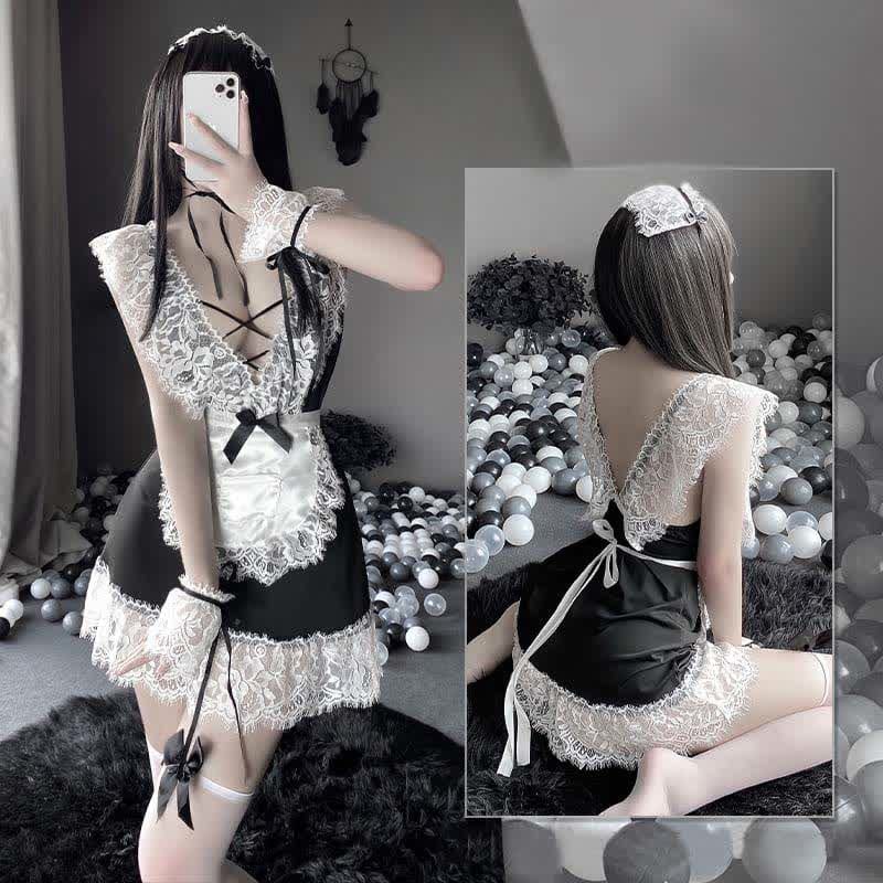 Cosplay Black Bow Maid Deep Lace Lingerie Dress - Black