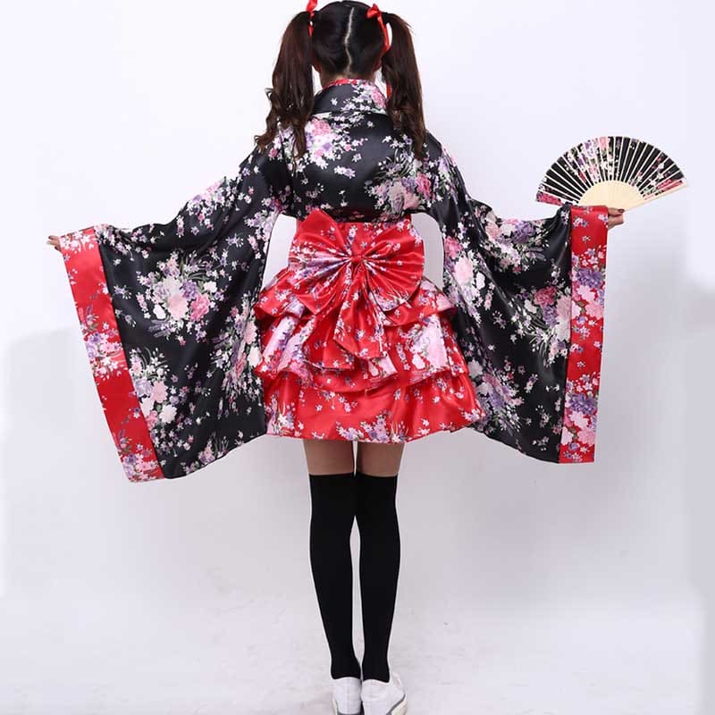 Cosplay Flower Print Bowknot Kimono Costume