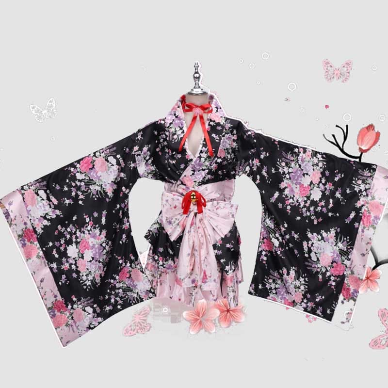 Cosplay Flower Print Bowknot Kimono Costume - Pink / S