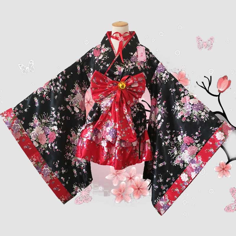 Cosplay Flower Print Bowknot Kimono Costume - Red / S