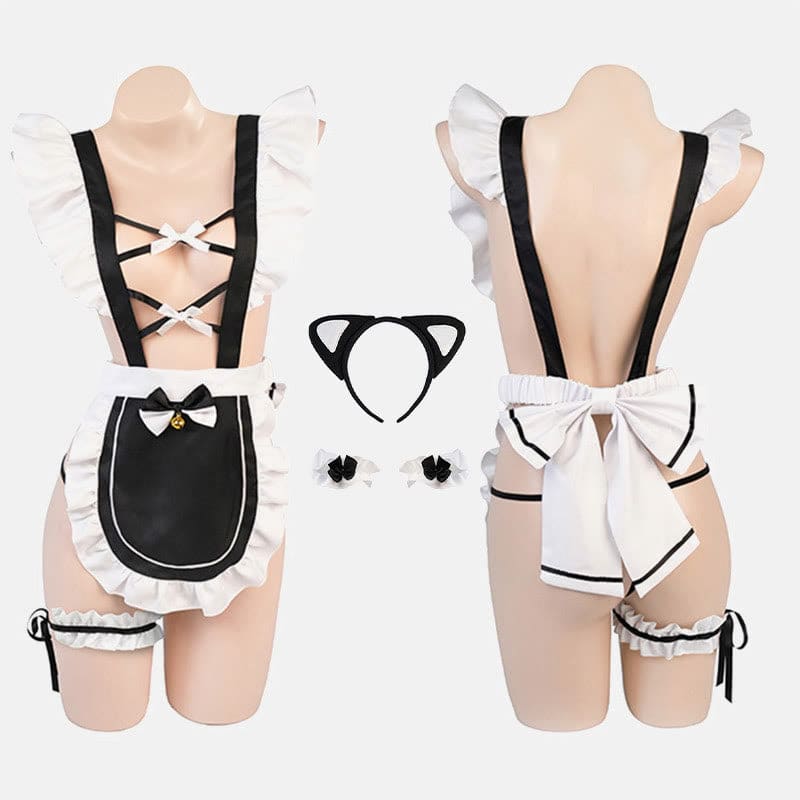 Cosplay Hollow Bow knot Maid Uniform Lingerie - Black