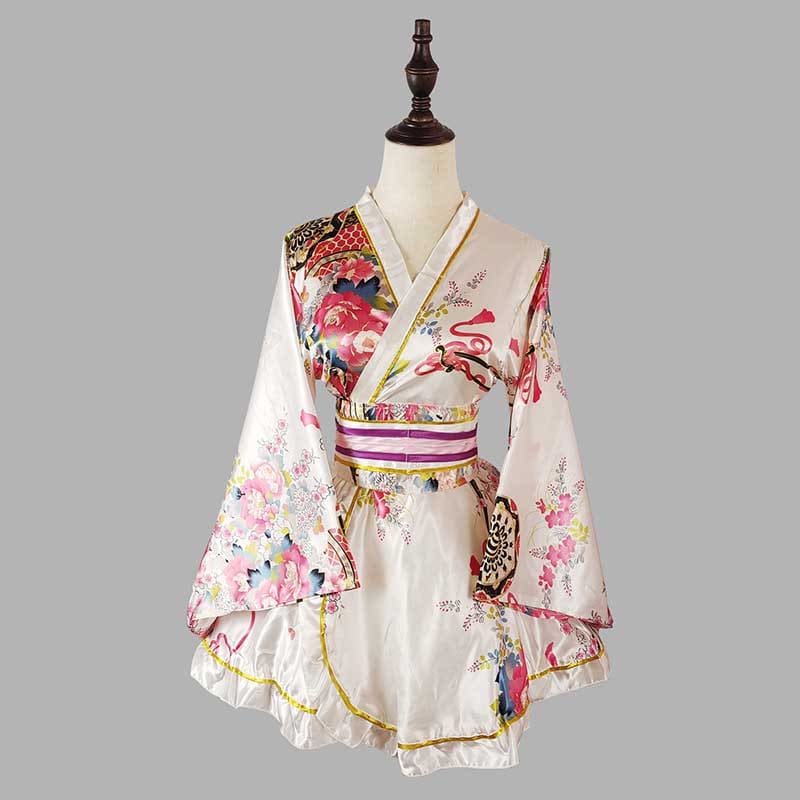 Cosplay Retro Flower Print V-neck Kimono Costume - White / M