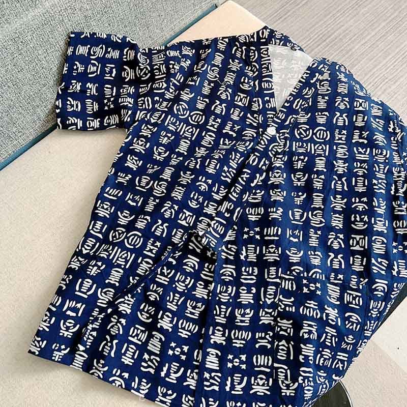 Cotton Blue Letter Print Shorts Pajamas Set