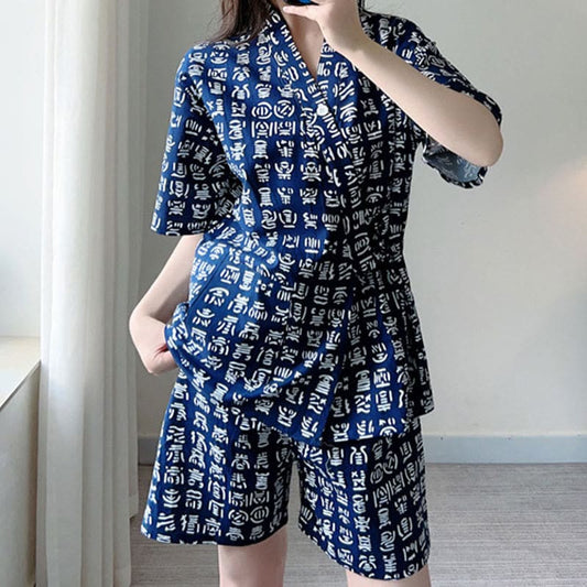 Cotton Blue Letter Print Shorts Pajamas Set