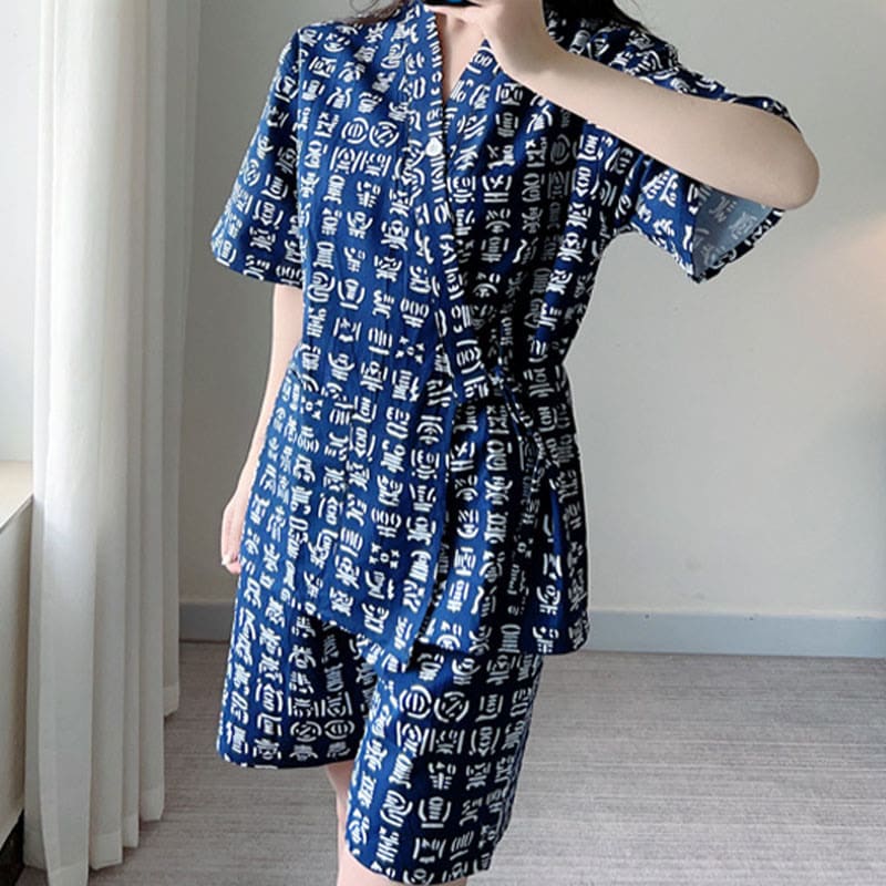 Cotton Blue Letter Print Shorts Pajamas Set