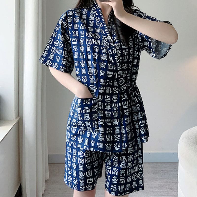 Cotton Blue Letter Print Shorts Pajamas Set