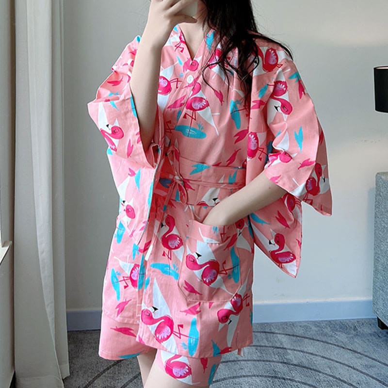 Cotton Flamingo Print Kimono Pajamas Set