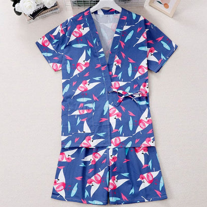 Cotton Flamingo Print Kimono Pajamas Set - Dark Blue / XL