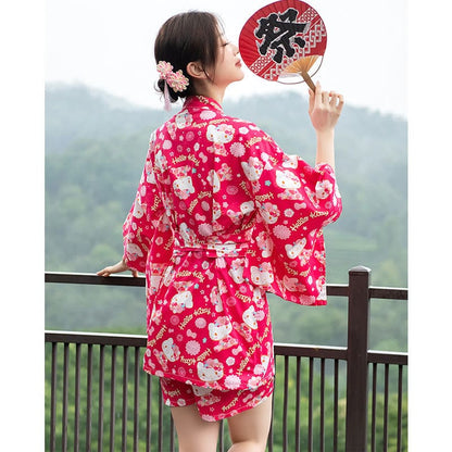 Cotton Kimono Kitty Print Couple Outfit Pajamas