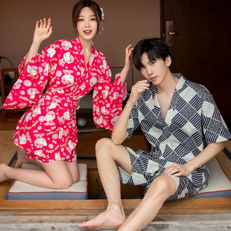 Cotton Kimono Kitty Print Couple Outfit Pajamas