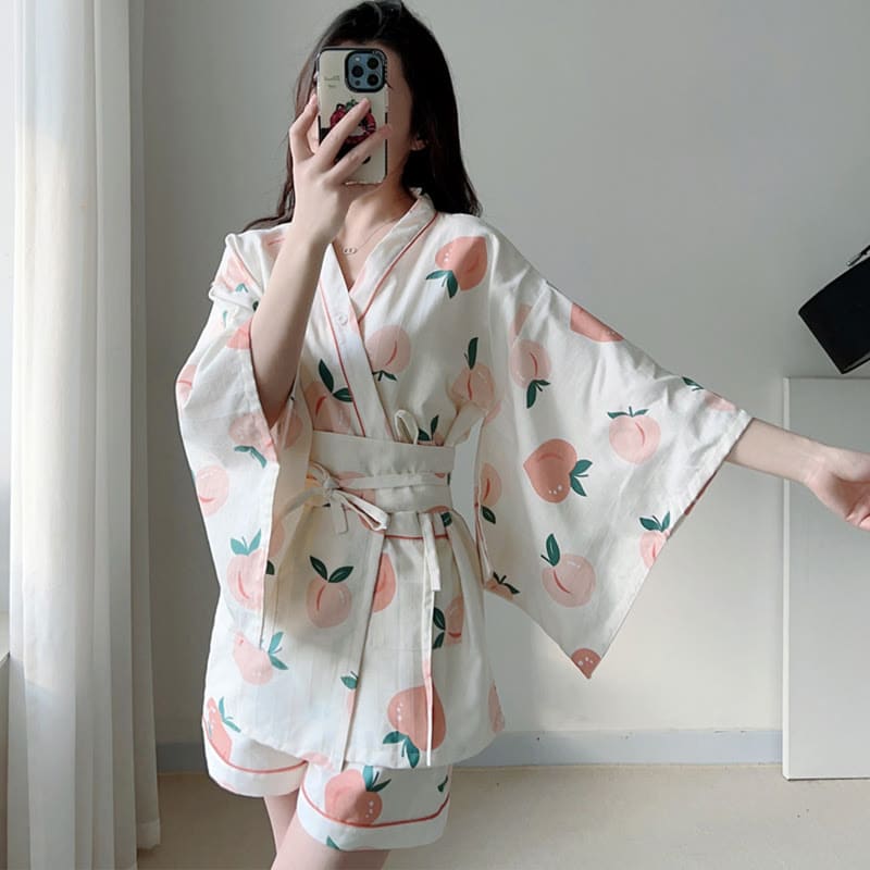 Cotton Kimono Peach Print Pajamas