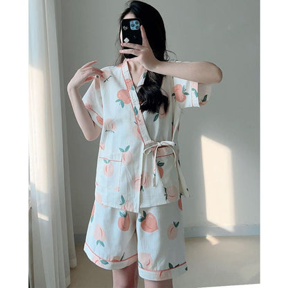 Cotton Kimono Peach Print Pajamas - Cardigan / XL