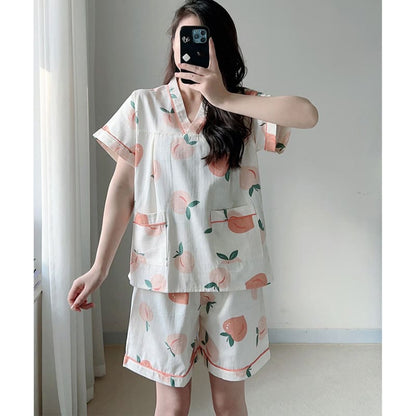 Cotton Kimono Peach Print Pajamas - Pullover / XL