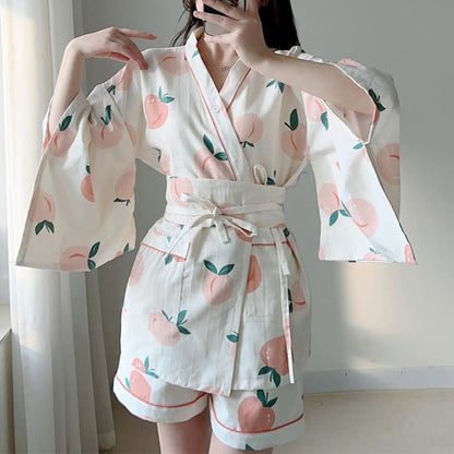 Cotton Kimono Peach Print Pajamas - Kimono / XL