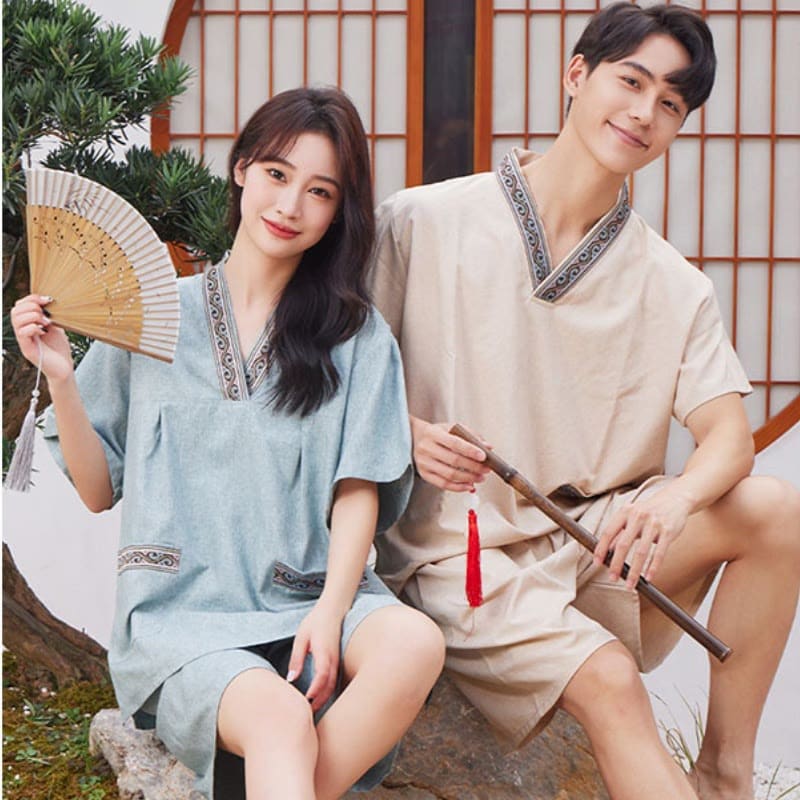 Couple Cotton V-Neck T-Shirt Shorts Pajamas Set