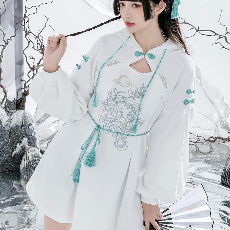 Couple Deer Embroidery Loose Hoodie Dress