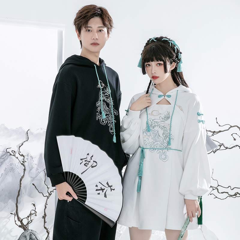 Couple Deer Embroidery Loose Hoodie Dress