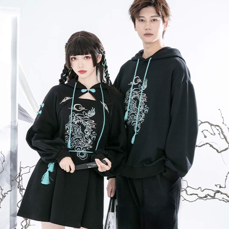 Couple Deer Embroidery Loose Hoodie Dress