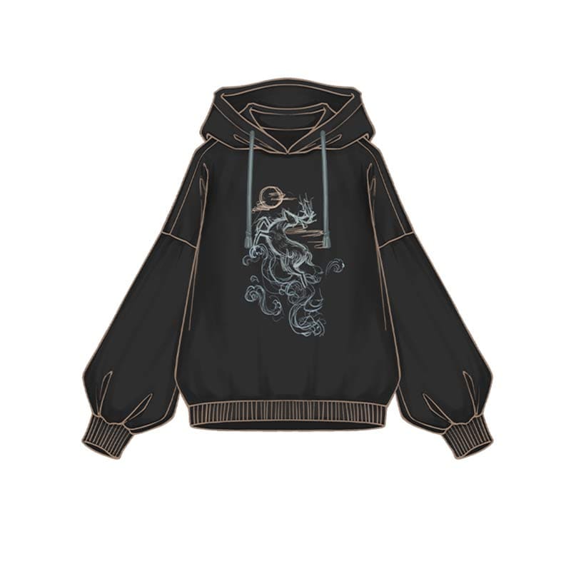 Couple Deer Embroidery Loose Hoodie Dress - Black Hoodie