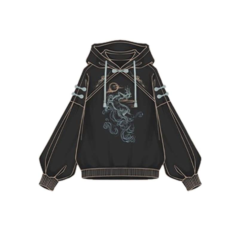 Couple Deer Embroidery Loose Hoodie Dress - Black Hoodie B