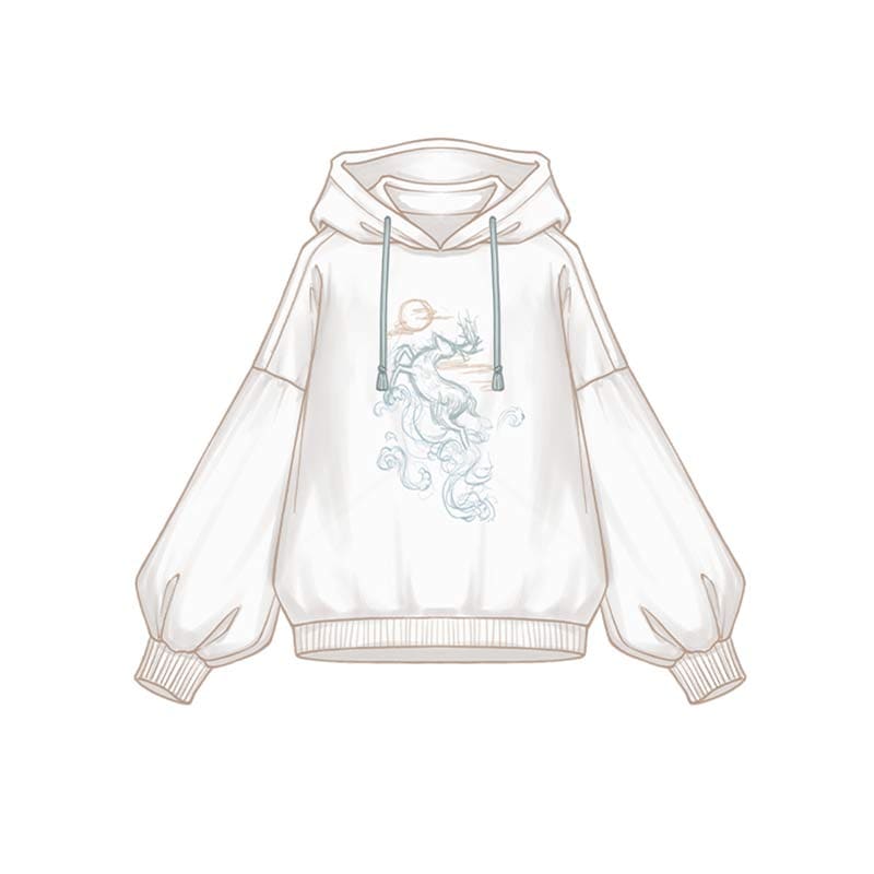 Couple Deer Embroidery Loose Hoodie Dress - White Hoodie