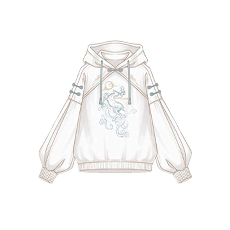 Couple Deer Embroidery Loose Hoodie Dress - White Hoodie B