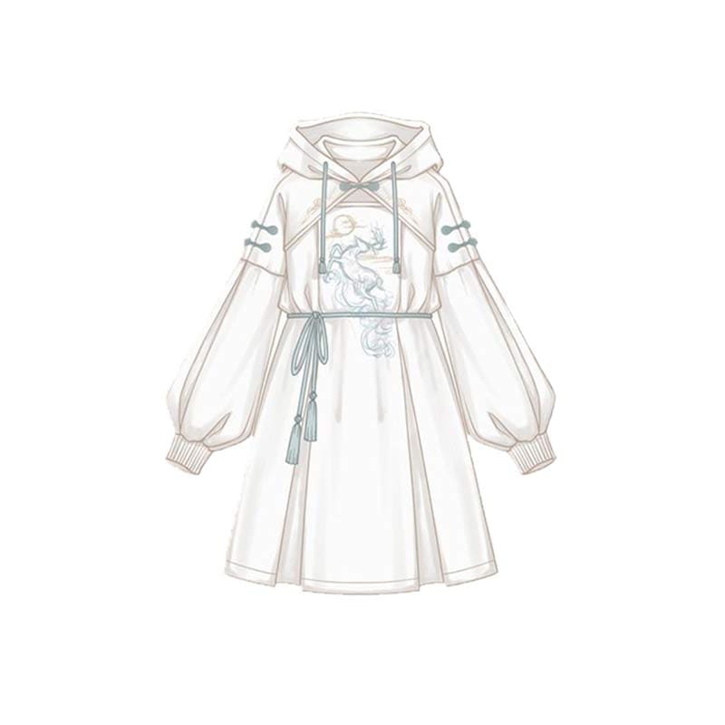 Couple Deer Embroidery Loose Hoodie Dress - White Hooded