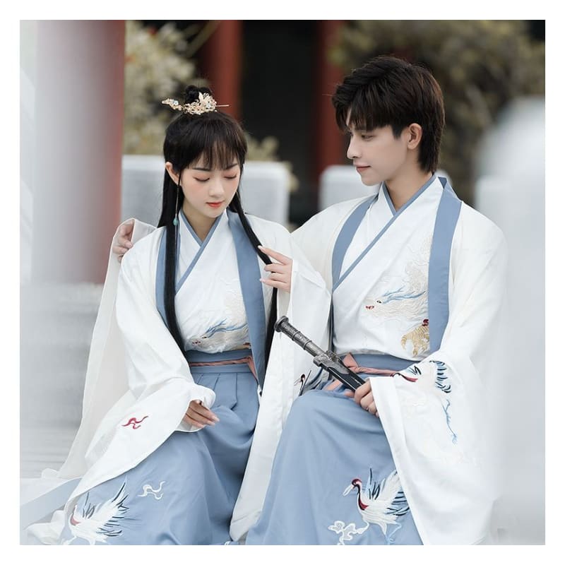 Couple Matching Crane Embroidered Hanfu Costume Set