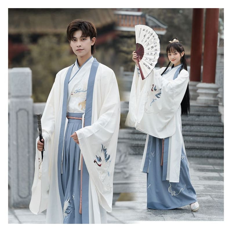 Couple Matching Crane Embroidered Hanfu Costume Set