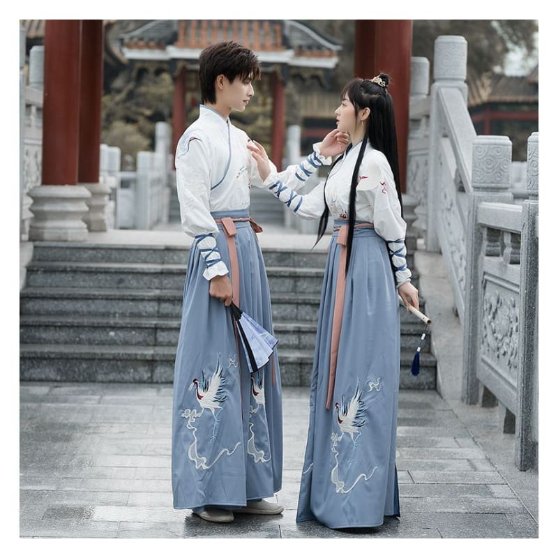 Couple Matching Crane Embroidered Hanfu Costume Set