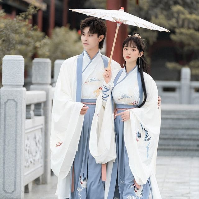 Couple Matching Crane Embroidered Hanfu Costume Set