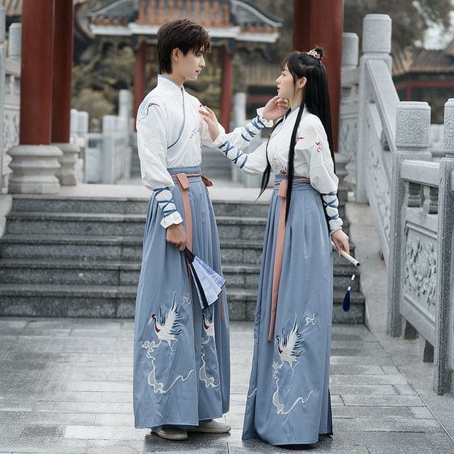 Couple Matching Crane Embroidered Hanfu Costume Set - Set