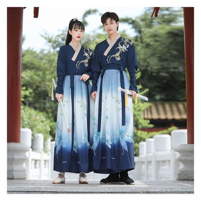 Couple Matching Flower Embroidered Hanfu Costume Set