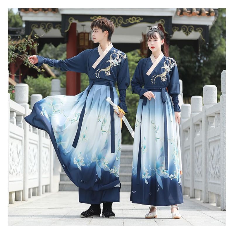 Couple Matching Flower Embroidered Hanfu Costume Set