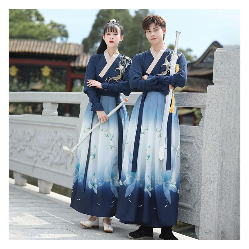 Couple Matching Flower Embroidered Hanfu Costume Set