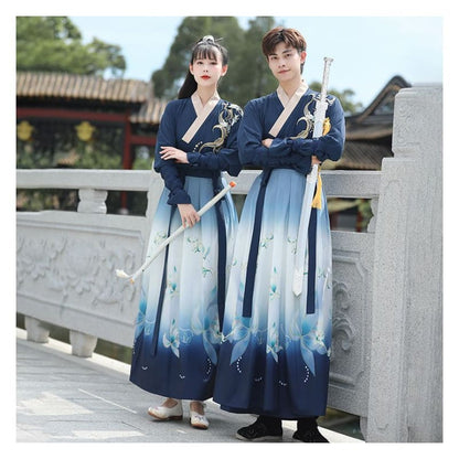 Couple Matching Flower Embroidered Hanfu Costume Set