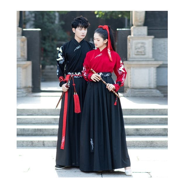 Couple Matching Set: Hanfu Top + Skirt - Black / S