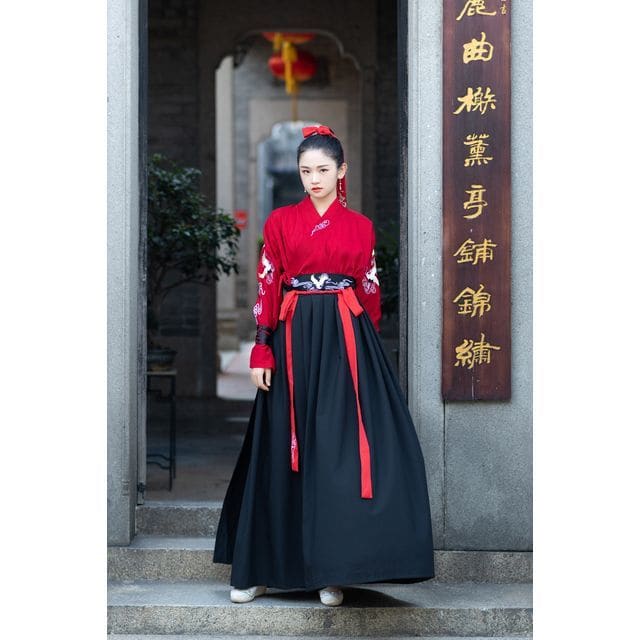 Couple Matching Set: Hanfu Top + Skirt - Red & Black / S