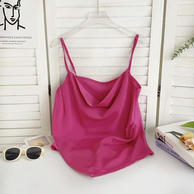 Cowl Neck Plain Asymmetrical Cami Top - Rose Pink / One Size