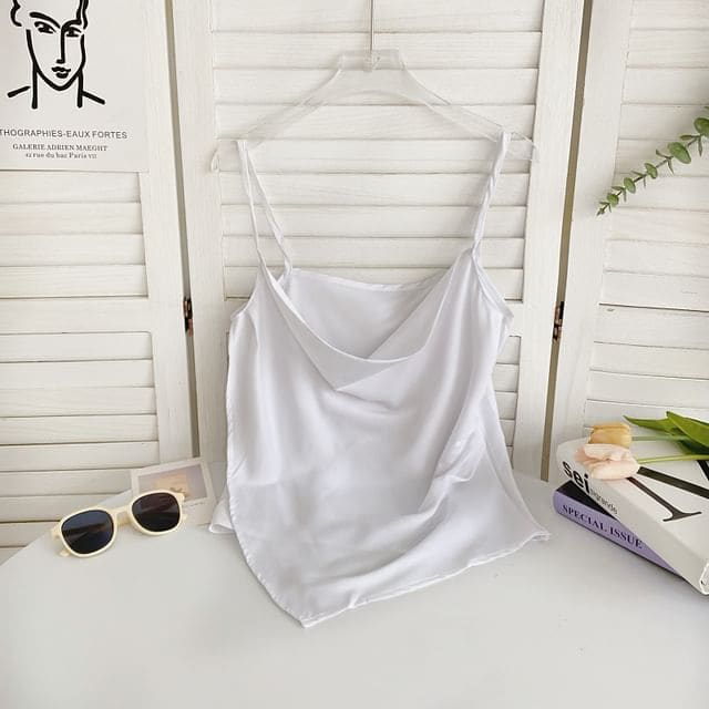 Cowl Neck Plain Asymmetrical Cami Top - White / One Size