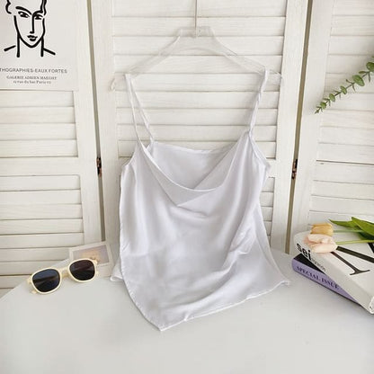 Cowl Neck Plain Asymmetrical Cami Top - White / One Size