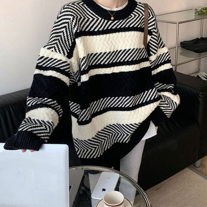 Cozy Stripe Knit Sweater - Free Size / Black/white - Sweater