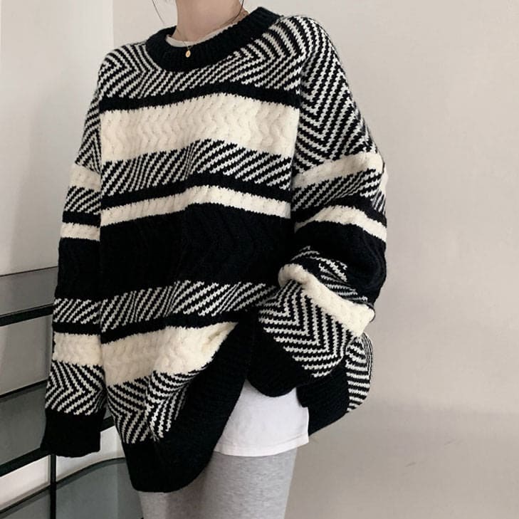 Cozy Stripe Knit Sweater - Free Size / Black/white - Sweater