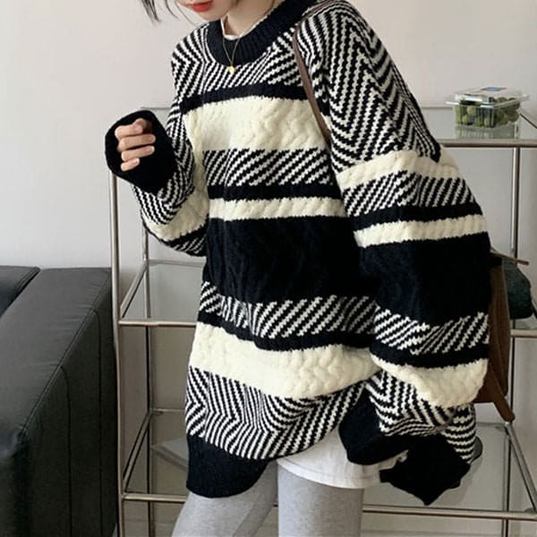 Cozy Stripe Knit Sweater - Free Size / Black/white - Sweater